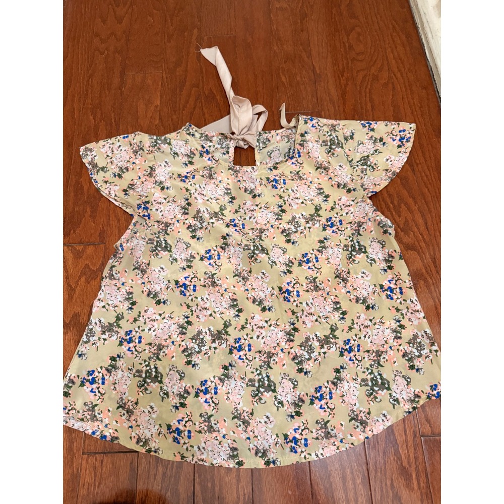 Elodie Womens Floral Flutter Sleeve Back Tie Blouse Tan Pink Blue EU3301 Medium
